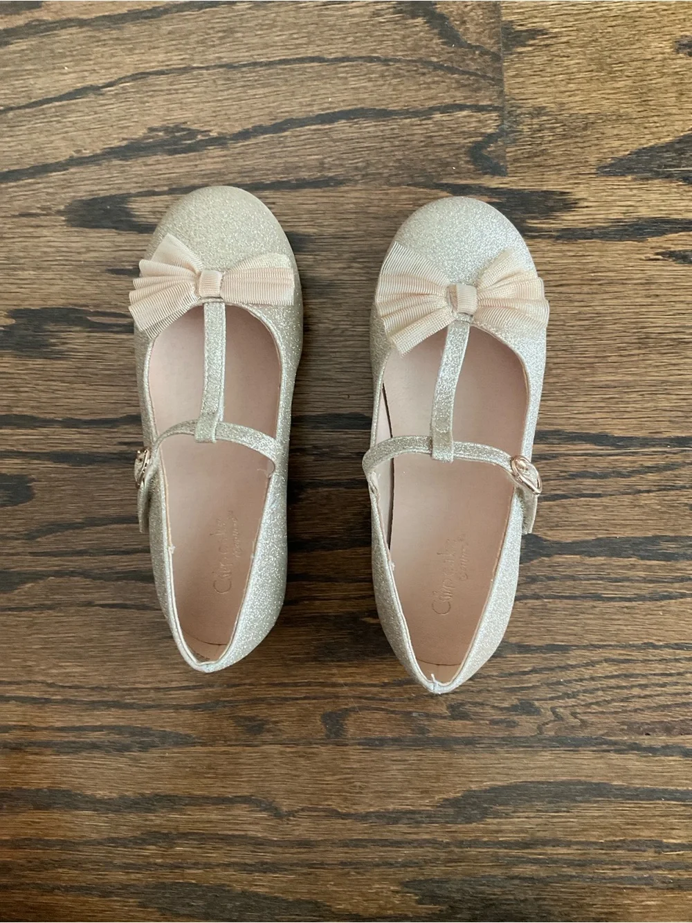Girls Sparkle T-Strap Dress Shoes with Bow - Champagne